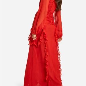 Boohoo Red Ruffled Long Sleeve Gown for Weddings